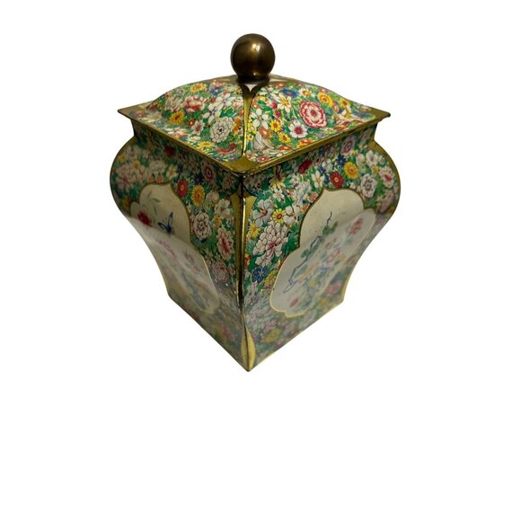 Vintage Holland Floral Tin Tea Caddy With Lid & Gold Accents - Picture 2 of 7